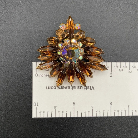 Vintage Navette Amber and Brown AB Rhinestone Brooch - Old Hollywood Style - Picture 6 of 13